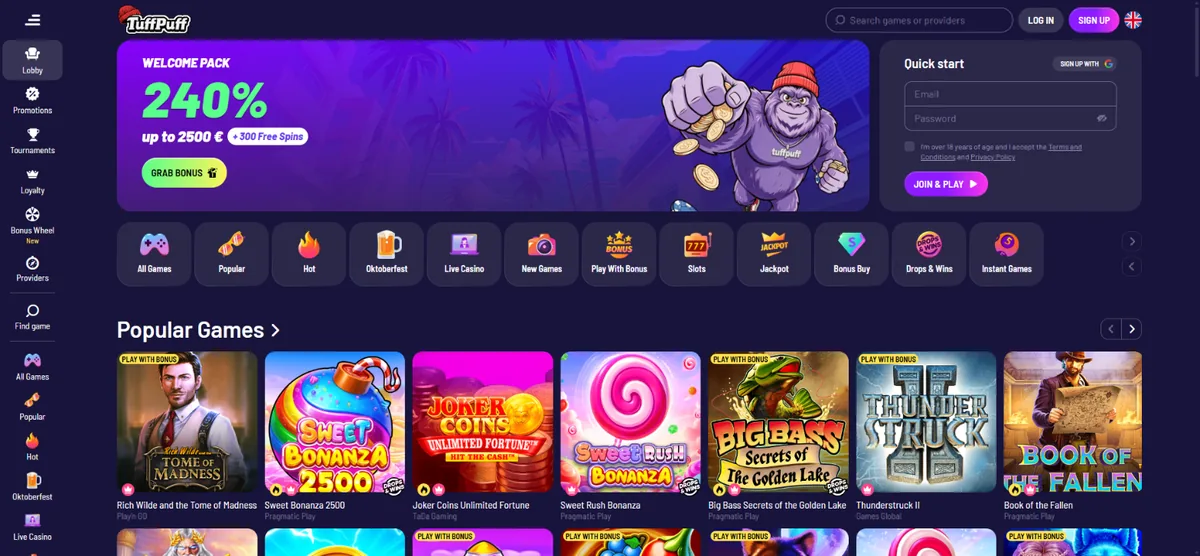 TuffPuff casino – domača stran z bonusom in kategorijami iger